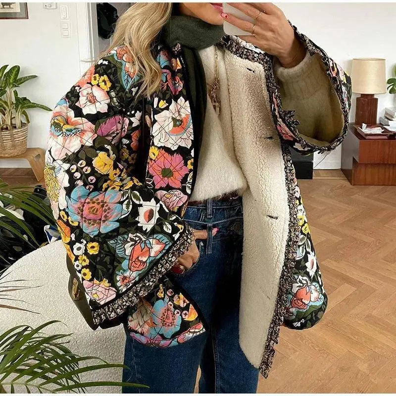 Vintage Floral Flower Printed Cotton Coat Women Fleece Thick Warm Long Sleeve Quilted Jacket Autumn Winter Women's Clothing SS69