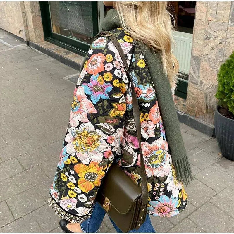 Vintage Floral Flower Printed Cotton Coat Women Fleece Thick Warm Long Sleeve Quilted Jacket Autumn Winter Women's Clothing SS69