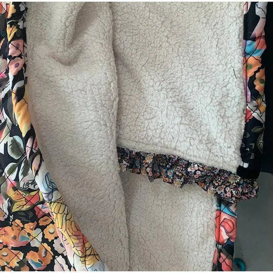 Vintage Floral Flower Printed Cotton Coat Women Fleece Thick Warm Long Sleeve Quilted Jacket Autumn Winter Women's Clothing SS69
