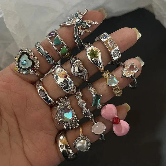 Vintage Irregular Cross Star Open Ring for Women Men Punk Gothic Sliver Color Adjustable Couple Rings Y2K Egirl Jewelry Gift - SS69