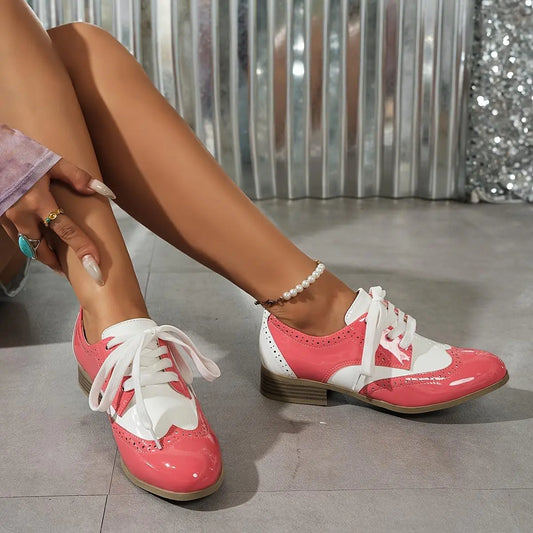 Vintage Style Lace-Up Oxford Ankle Booties for Women - Solid Color, Casual Pointed Toe Flats with Decorative Perforations, All-Season Comfort, Man-Made Materials with TPR Sole, Low Heel - North America & European Special from - SS69