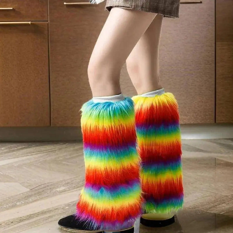 Warm Furry Plush Leg Warmers for Winter Parties Rainbow Colorful Boot Covers T8NB SS69