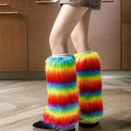 Warm Furry Plush Leg Warmers for Winter Parties Rainbow Colorful Boot Covers T8NB SS69
