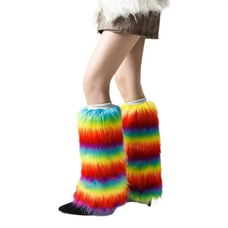 Warm Furry Plush Leg Warmers for Winter Parties Rainbow Colorful Boot Covers T8NB SS69