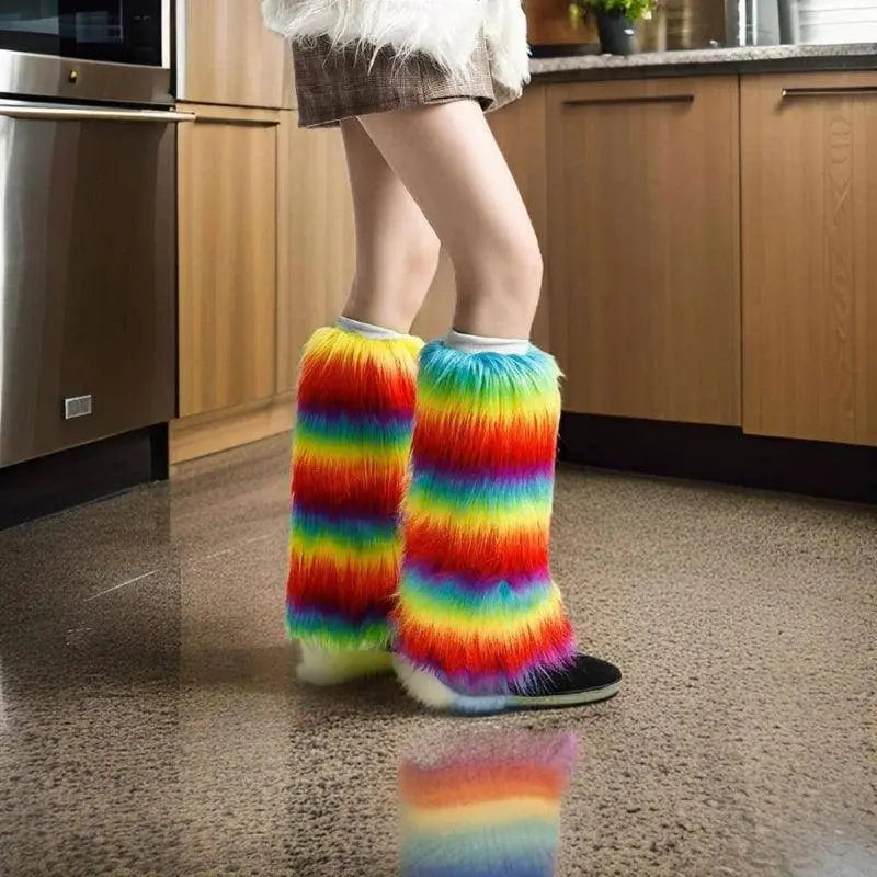 Warm Furry Plush Leg Warmers for Winter Parties Rainbow Colorful Boot Covers T8NB SS69
