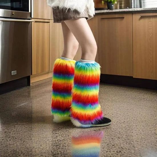 Warm Furry Plush Leg Warmers for Winter Parties Rainbow Colorful Boot Covers T8NB SS69