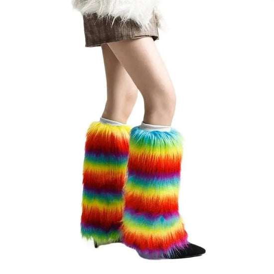 Warm Furry Plush Leg Warmers for Winter Parties Rainbow Colorful Boot Covers T8NB SS69