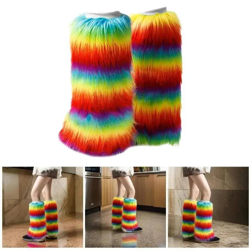 Warm Furry Plush Leg Warmers for Winter Parties Rainbow Colorful Boot Covers T8NB SS69