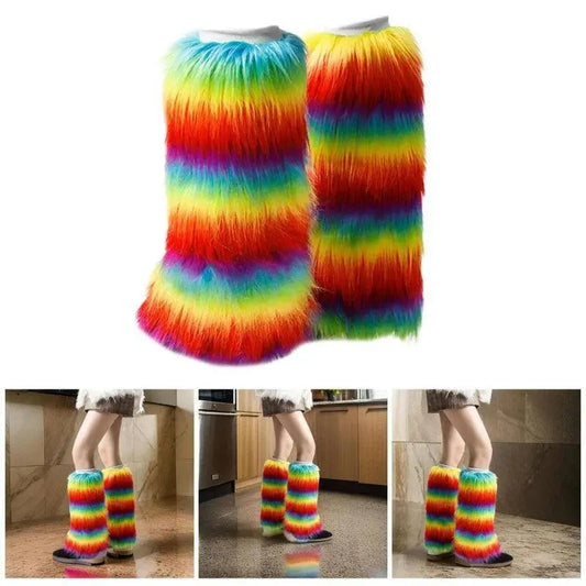 Warm Furry Plush Leg Warmers for Winter Parties Rainbow Colorful Boot Covers T8NB SS69