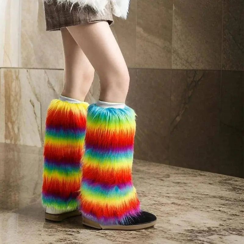 Warm Furry Plush Leg Warmers for Winter Parties Rainbow Colorful Boot Covers T8NB SS69