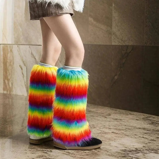 Warm Furry Plush Leg Warmers for Winter Parties Rainbow Colorful Boot Covers T8NB SS69