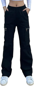 Wide Leg Straight Cargo Pants with Zipper, Stretch Pockets, Long High-Waisted - SS69