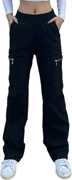 Wide Leg Straight Cargo Pants with Zipper, Stretch Pockets, Long High-Waisted - SS69