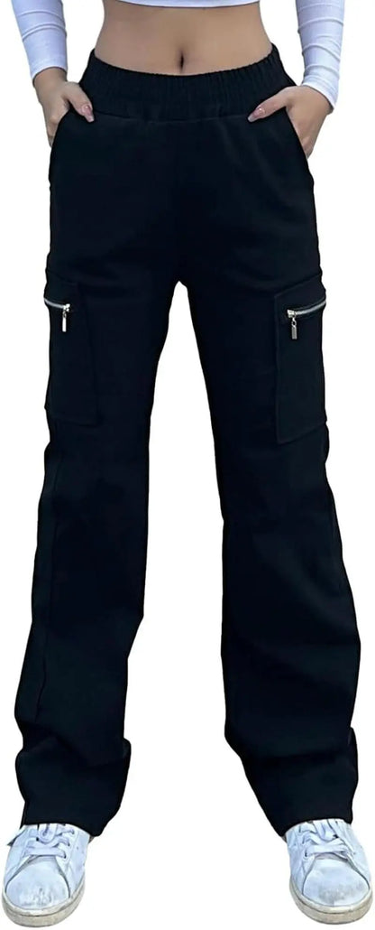 Wide Leg Straight Cargo Pants with Zipper, Stretch Pockets, Long High-Waisted - SS69