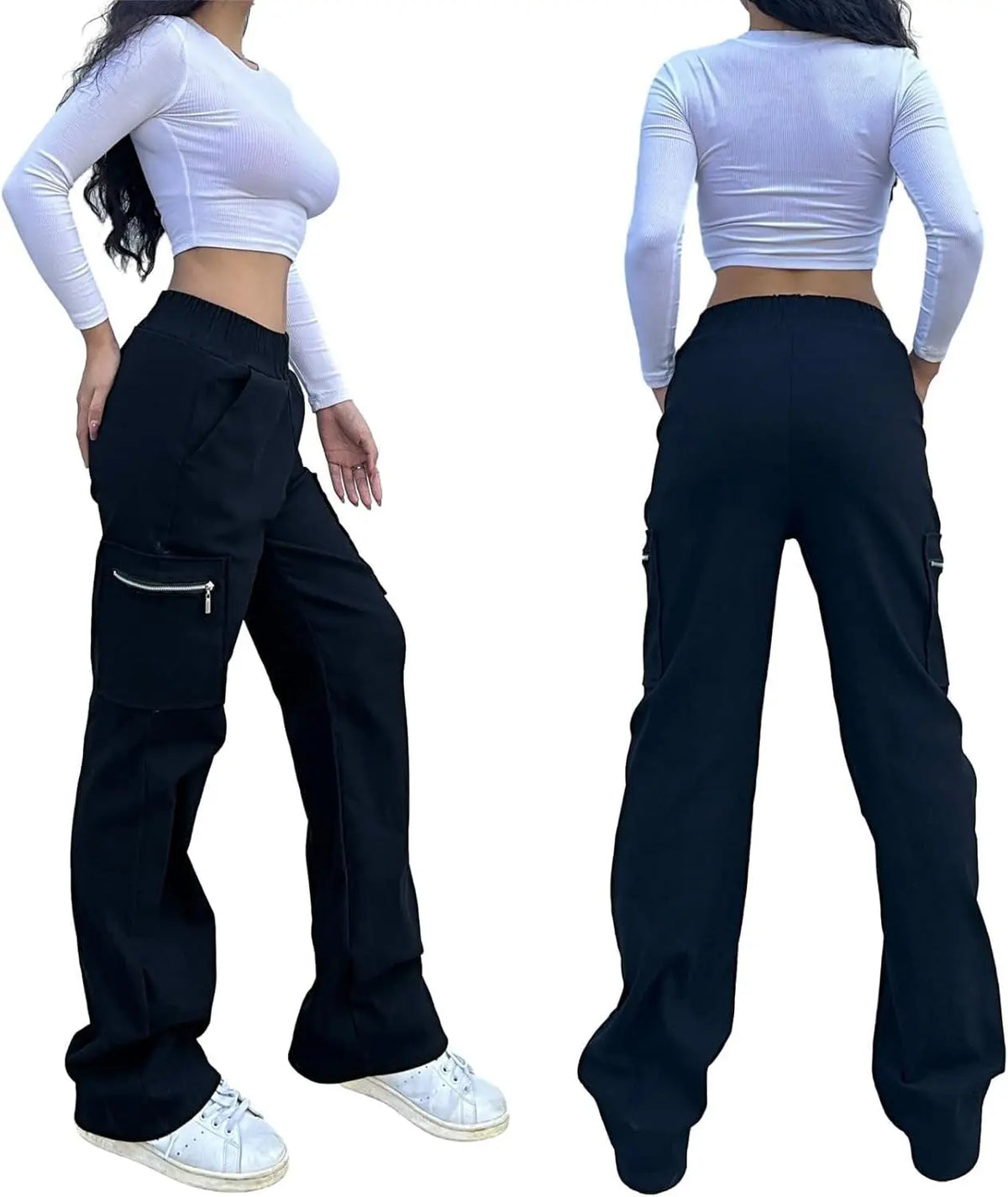 Wide Leg Straight Cargo Pants with Zipper, Stretch Pockets, Long High-Waisted - SS69