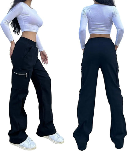 Wide Leg Straight Cargo Pants with Zipper, Stretch Pockets, Long High-Waisted - SS69