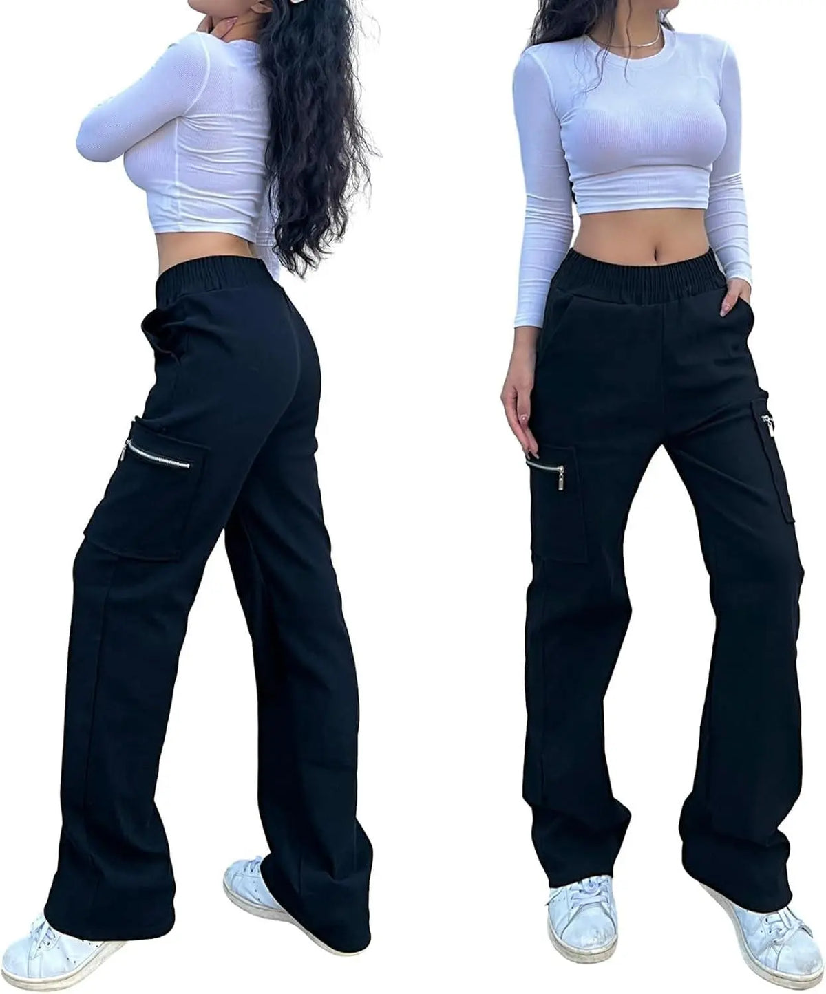 Wide Leg Straight Cargo Pants with Zipper, Stretch Pockets, Long High-Waisted - SS69