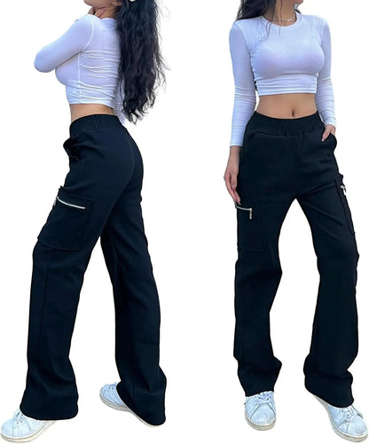 Wide Leg Straight Cargo Pants with Zipper, Stretch Pockets, Long High-Waisted - SS69