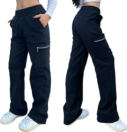 Wide Leg Straight Cargo Pants with Zipper, Stretch Pockets, Long High-Waisted - SS69