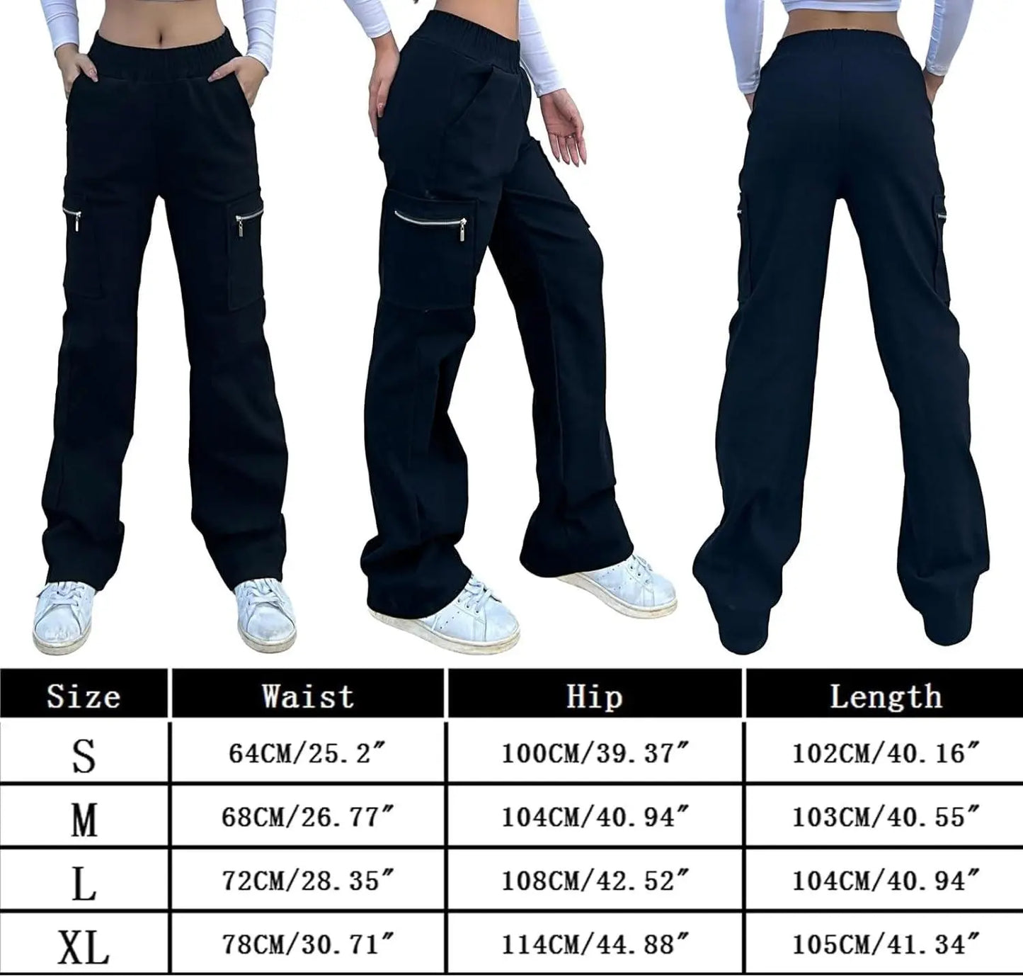Wide Leg Straight Cargo Pants with Zipper, Stretch Pockets, Long High-Waisted - SS69