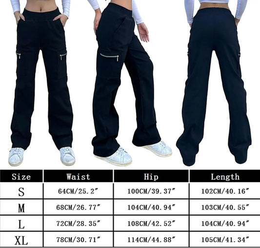 Wide Leg Straight Cargo Pants with Zipper, Stretch Pockets, Long High-Waisted - SS69