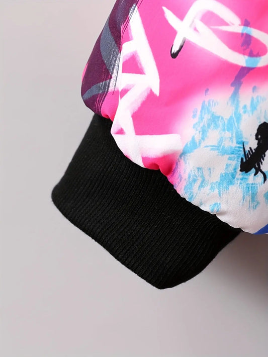 Winter Girls Graffiti Allover Pattern Thermal Hooded Coat - Thick Plush Lined Long Hooded Outerwear SS69