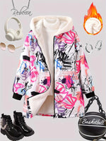 Winter Girls Graffiti Allover Pattern Thermal Hooded Coat - Thick Plush Lined Long Hooded Outerwear SS69