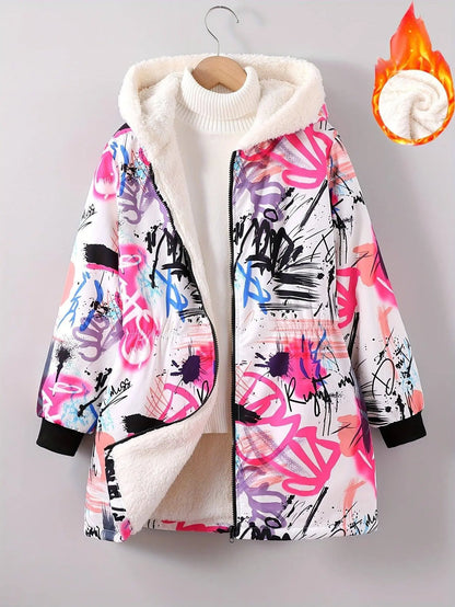 Winter Girls Graffiti Allover Pattern Thermal Hooded Coat - Thick Plush Lined Long Hooded Outerwear SS69