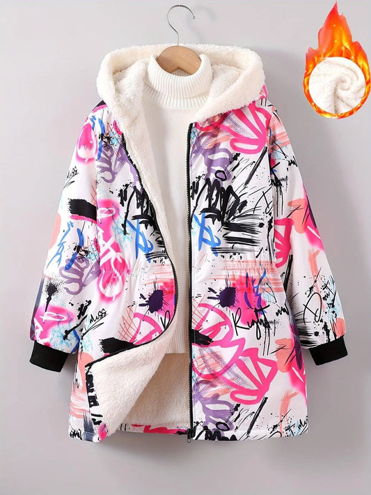 Winter Girls Graffiti Allover Pattern Thermal Hooded Coat - Thick Plush Lined Long Hooded Outerwear SS69