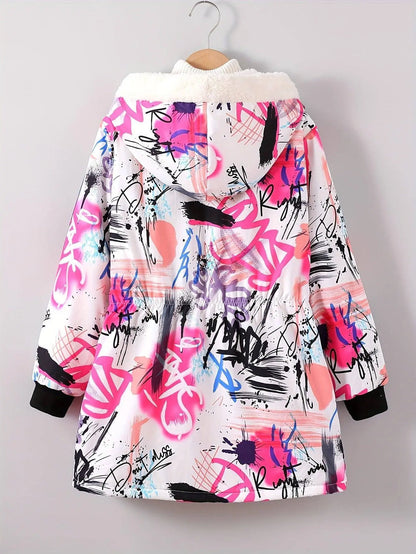 Winter Girls Graffiti Allover Pattern Thermal Hooded Coat - Thick Plush Lined Long Hooded Outerwear SS69