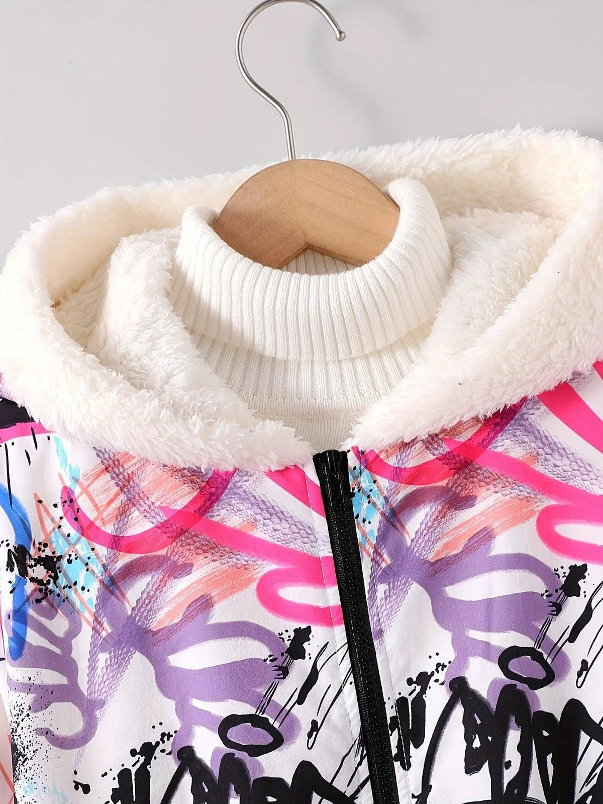 Winter Girls Graffiti Allover Pattern Thermal Hooded Coat - Thick Plush Lined Long Hooded Outerwear SS69