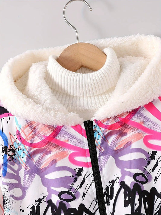Winter Girls Graffiti Allover Pattern Thermal Hooded Coat - Thick Plush Lined Long Hooded Outerwear SS69