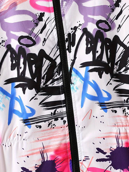 Winter Girls Graffiti Allover Pattern Thermal Hooded Coat - Thick Plush Lined Long Hooded Outerwear SS69