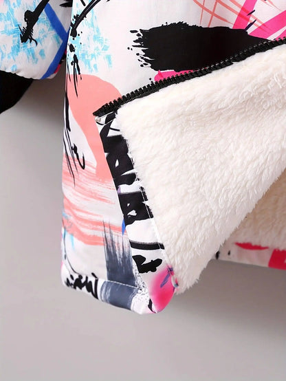 Winter Girls Graffiti Allover Pattern Thermal Hooded Coat - Thick Plush Lined Long Hooded Outerwear SS69