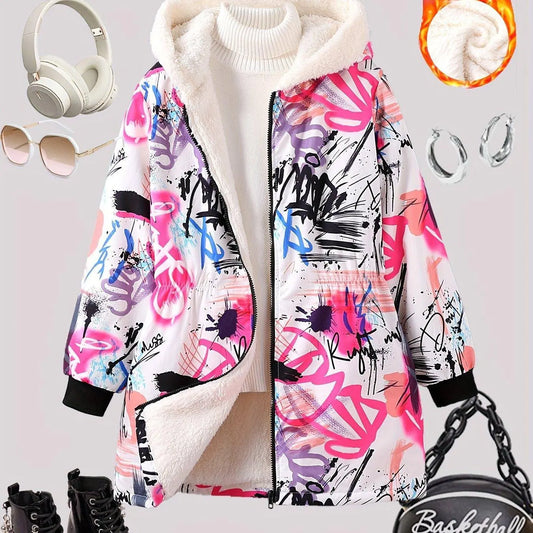 Winter Girls Graffiti Allover Pattern Thermal Hooded Coat - Thick Plush Lined Long Hooded Outerwear SS69
