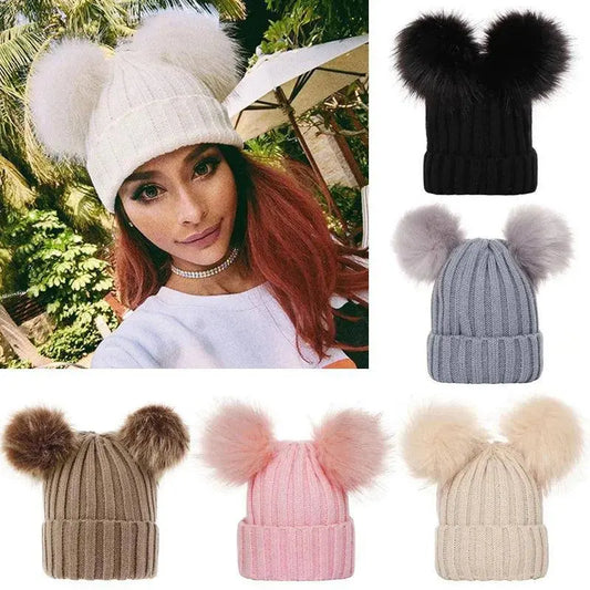 Winter Women Beanie Hats Faux Fur Ball Mother Kids Hats for Girls Boys Warm Knitted Bobbles Woman Cap Teenager Grils Beanies SS69