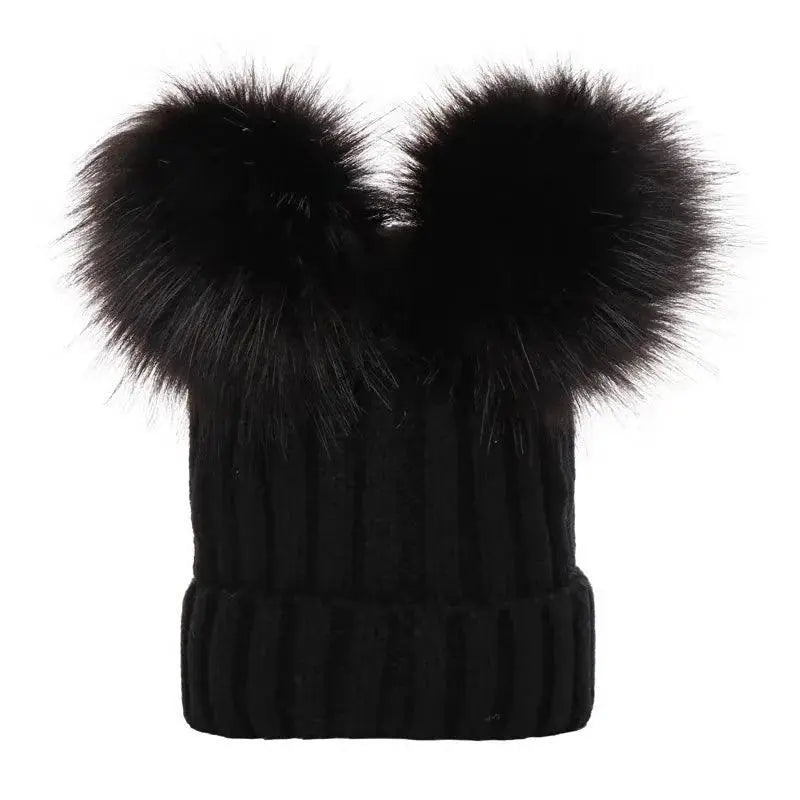 Winter Women Beanie Hats Faux Fur Ball Mother Kids Hats for Girls Boys Warm Knitted Bobbles Woman Cap Teenager Grils Beanies SS69