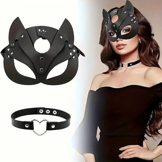Woman Faux Leather Cat Mask Costume Bunny Fox Mask Animal Half Face Mask Cosplay Halloween Party Decoration Props - SS69