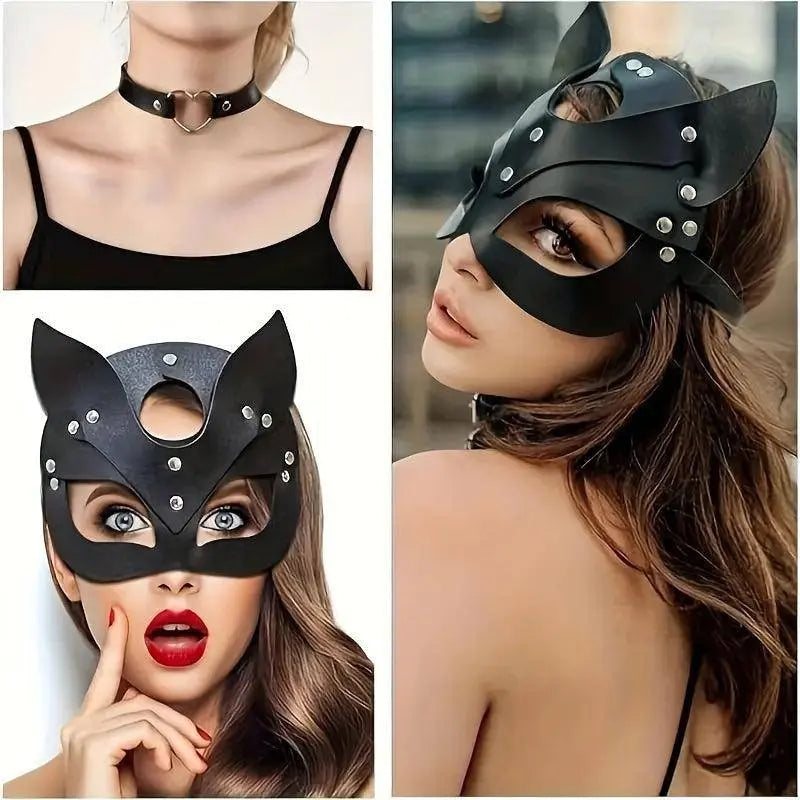 Woman Faux Leather Cat Mask Costume Bunny Fox Mask Animal Half Face Mask Cosplay Halloween Party Decoration Props - SS69
