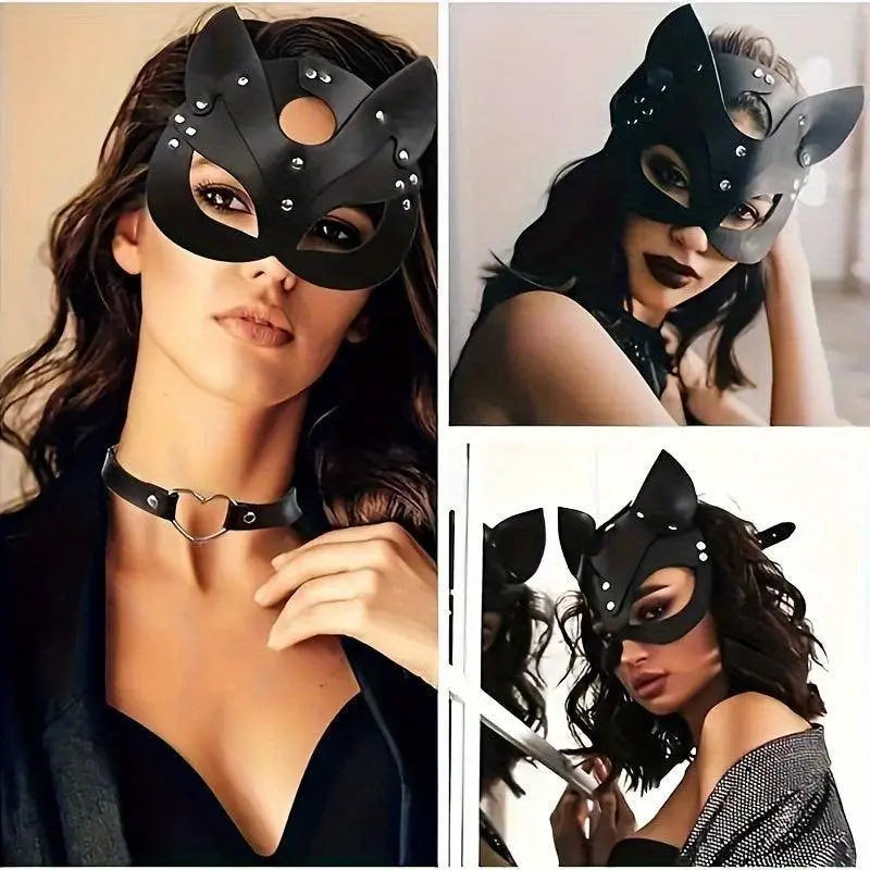 Woman Faux Leather Cat Mask Costume Bunny Fox Mask Animal Half Face Mask Cosplay Halloween Party Decoration Props - SS69