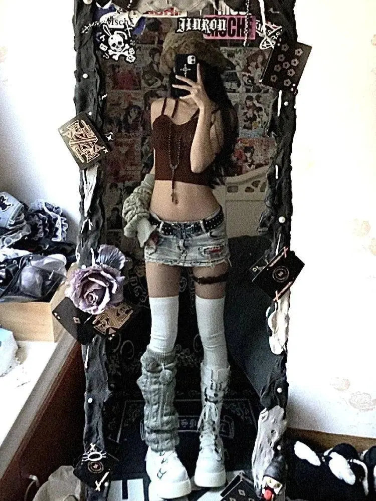 Woman Harajuku  Japanese Denim Mini Zipper Skirt Pockets Jean Skirt Fashion Y2k Streetwear Cyber Punk Grunge E-girl  Goth Gyaru - SS69