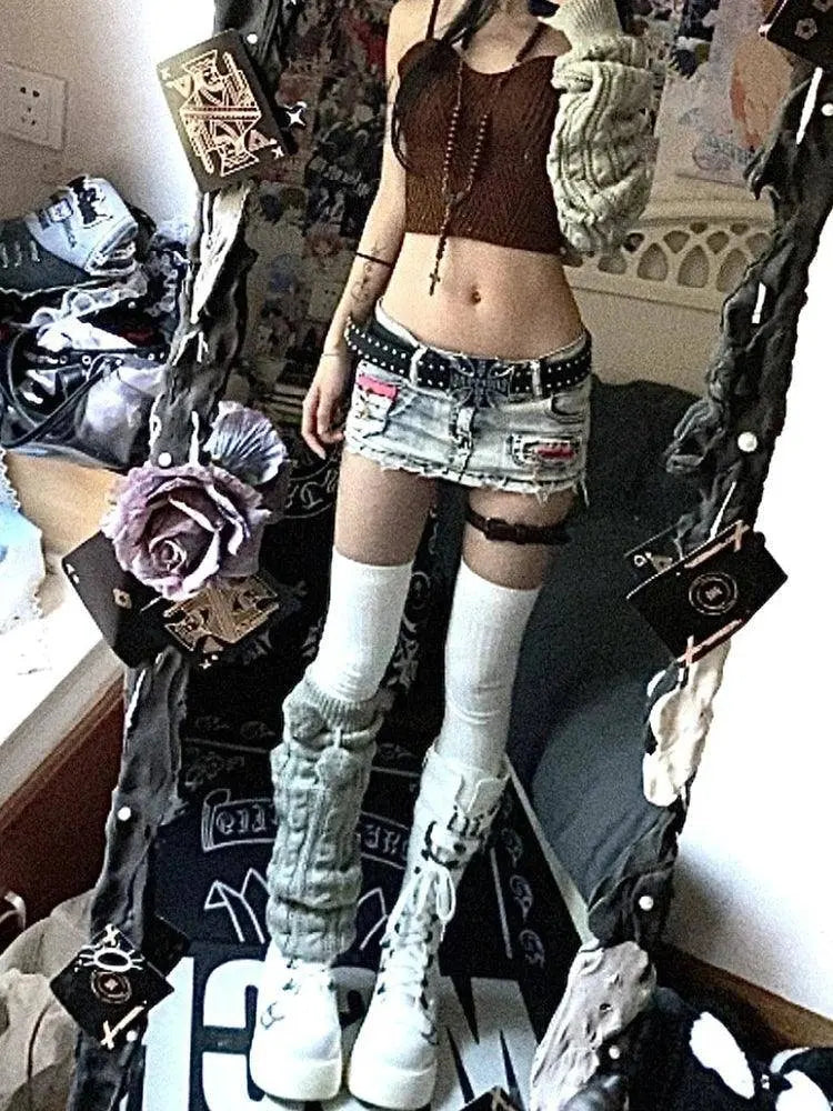 Woman Harajuku  Japanese Denim Mini Zipper Skirt Pockets Jean Skirt Fashion Y2k Streetwear Cyber Punk Grunge E-girl  Goth Gyaru - SS69