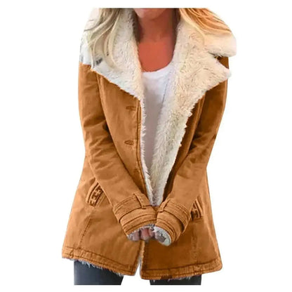 Women Autumn Winter Solid Color Plush Lapel Coat Jacket Fashion Casual Parka Jacket SS69