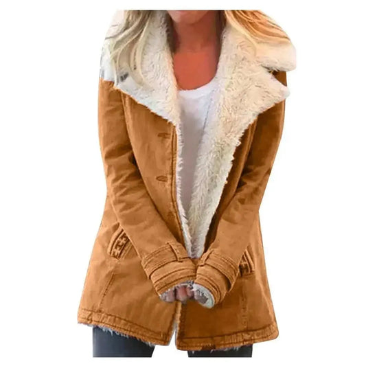 Women Autumn Winter Solid Color Plush Lapel Coat Jacket Fashion Casual Parka Jacket SS69
