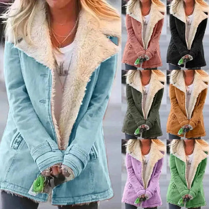 Women Autumn Winter Solid Color Plush Lapel Coat Jacket Fashion Casual Parka Jacket SS69
