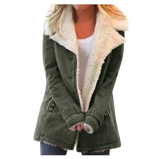 Women Autumn Winter Solid Color Plush Lapel Coat Jacket Fashion Casual Parka Jacket SS69 12.69 Army Green / XXXL