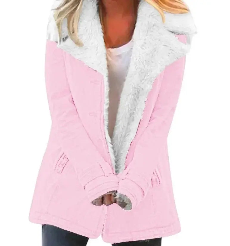 Women Autumn Winter Solid Color Plush Lapel Coat Jacket Fashion Casual Parka Jacket SS69 12.69 lightpink / XXXL