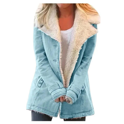 Women Autumn Winter Solid Color Plush Lapel Coat Jacket Fashion Casual Parka Jacket SS69 12.69 Blue / S