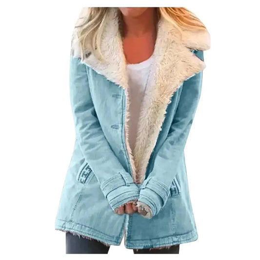 Women Autumn Winter Solid Color Plush Lapel Coat Jacket Fashion Casual Parka Jacket SS69 12.69 Blue / S