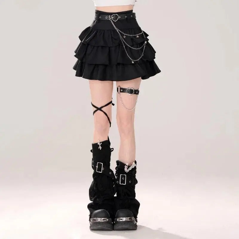Women Black Gothic A-line Cake Skirt Vintage Y2k Skirt Aesthetic Harajuku Korean Elegant Kawaii Emo Skirts 2000s Trashy Clothes SS69